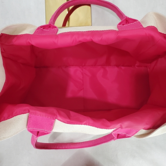 Juicy Couture Beige Canvas Tote Bag Pink Trim Logo Handle Errand Shopping School - Picture 2 of 13